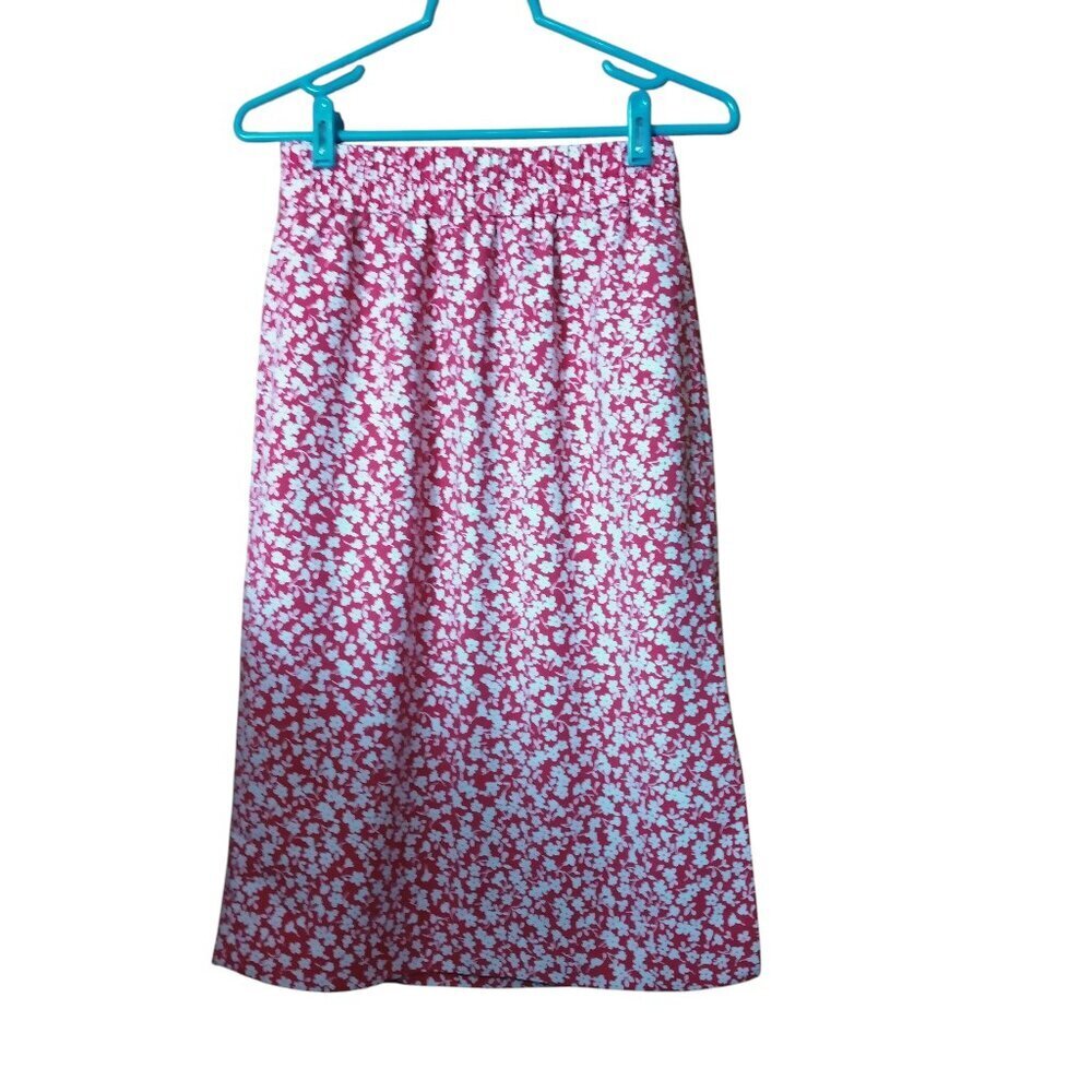 J.Crew XXS Floral Midi Skirt Red White Elastic Waist Slit Pull On Cottagecore